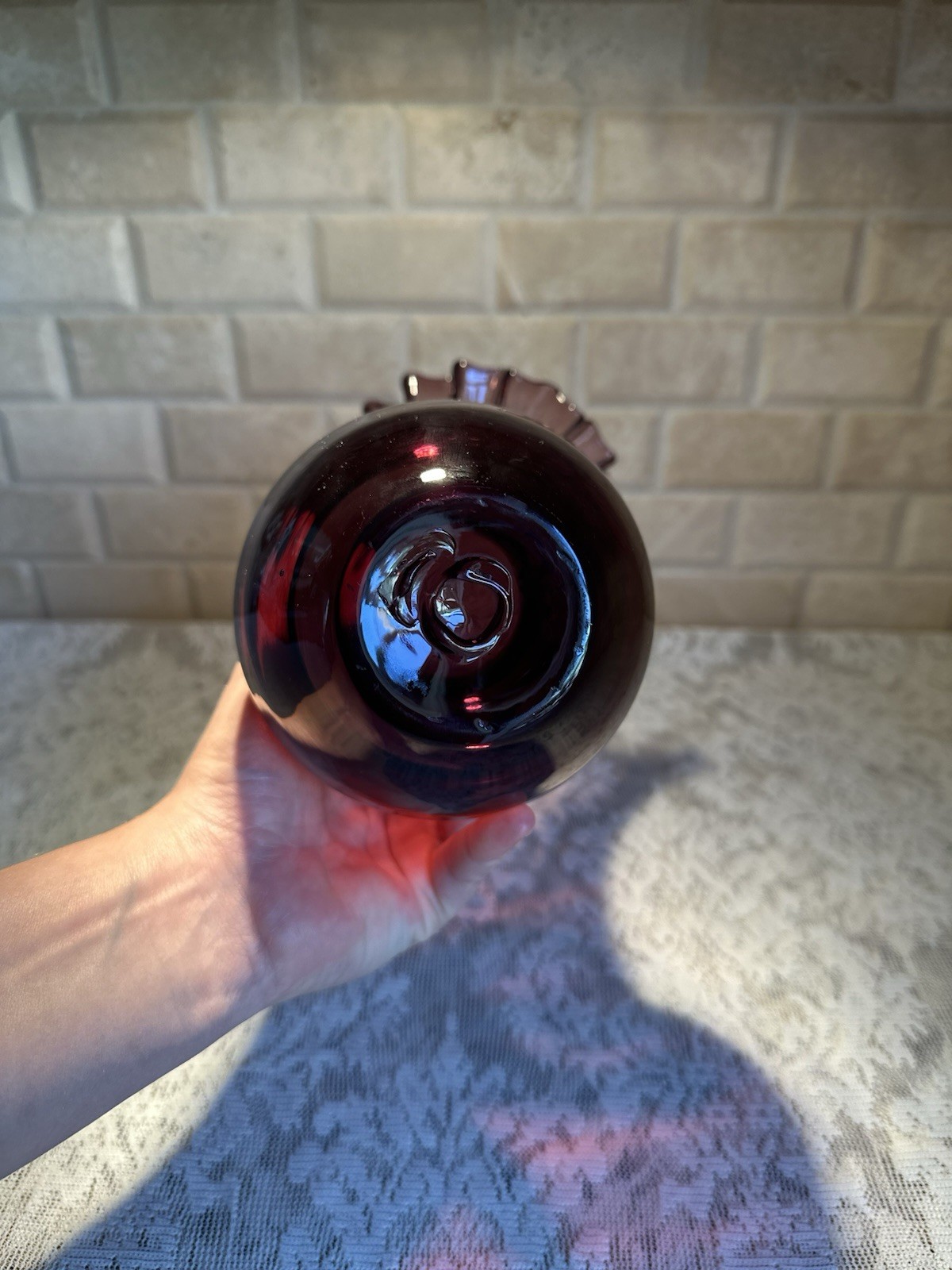 Blenko #390 Purple Amethyst Glass Vase, Mid-Century Crimped Rim Hand Blown 7.75”