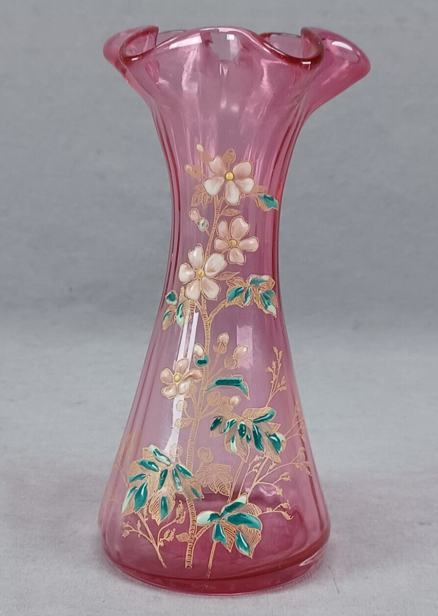 French Legras Hand Enameled Pink & White Floral Cranberry 6 1/4 Inch Vase