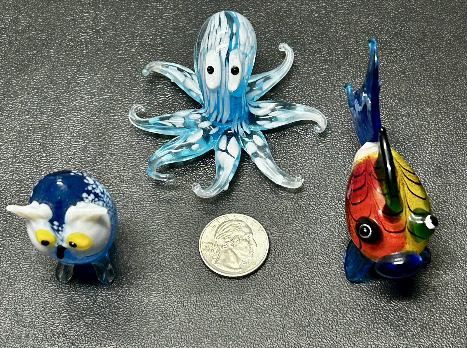 Art Glass Octopus, Owl, & Goldfish Mini Paperweights-Figurines Handmade