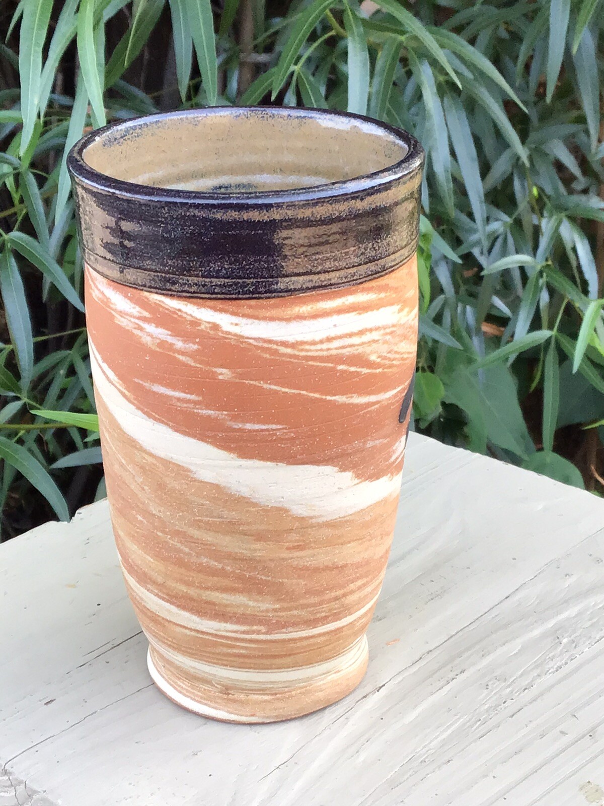 Vintage Vase Handmade Art Pottery Brown/Cream Swirl Pattern Signed 5.75”H