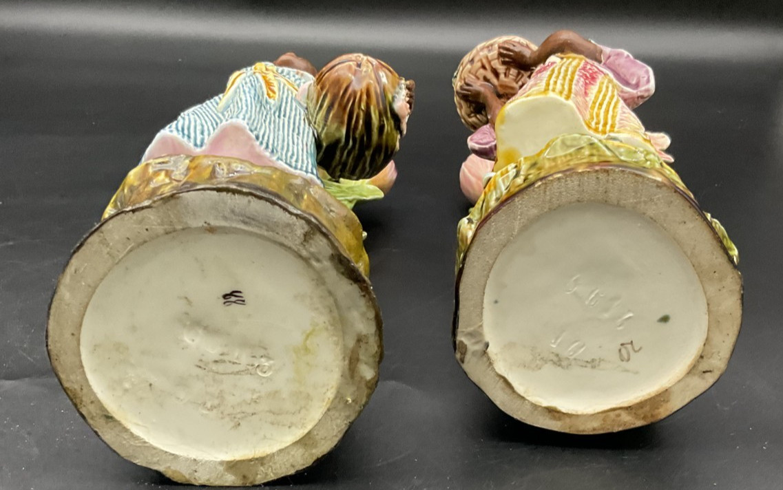 Pair of Continental Majolica Barbotine Blackamoor Figural Flower Spill Vases