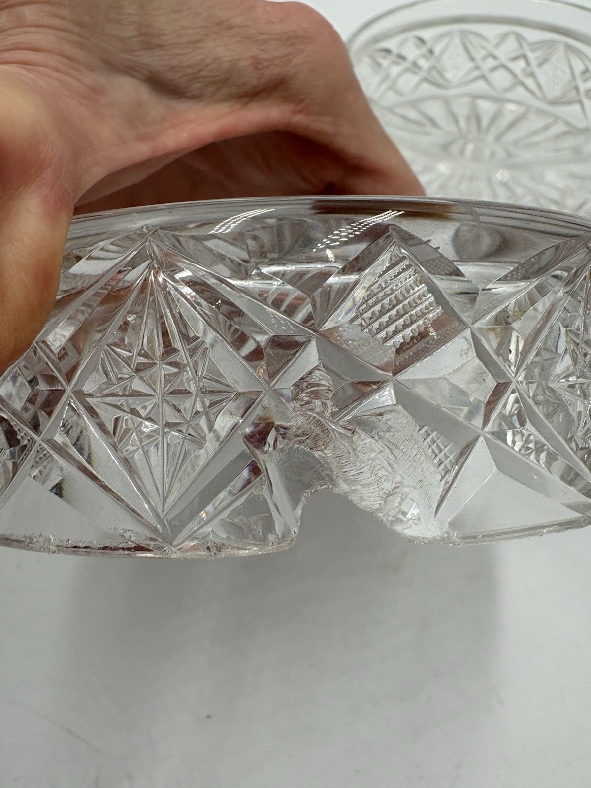 Clear Cut Glass Round Lidded Decorative Trinket Box Geometric Pattern 3 1/4 inch