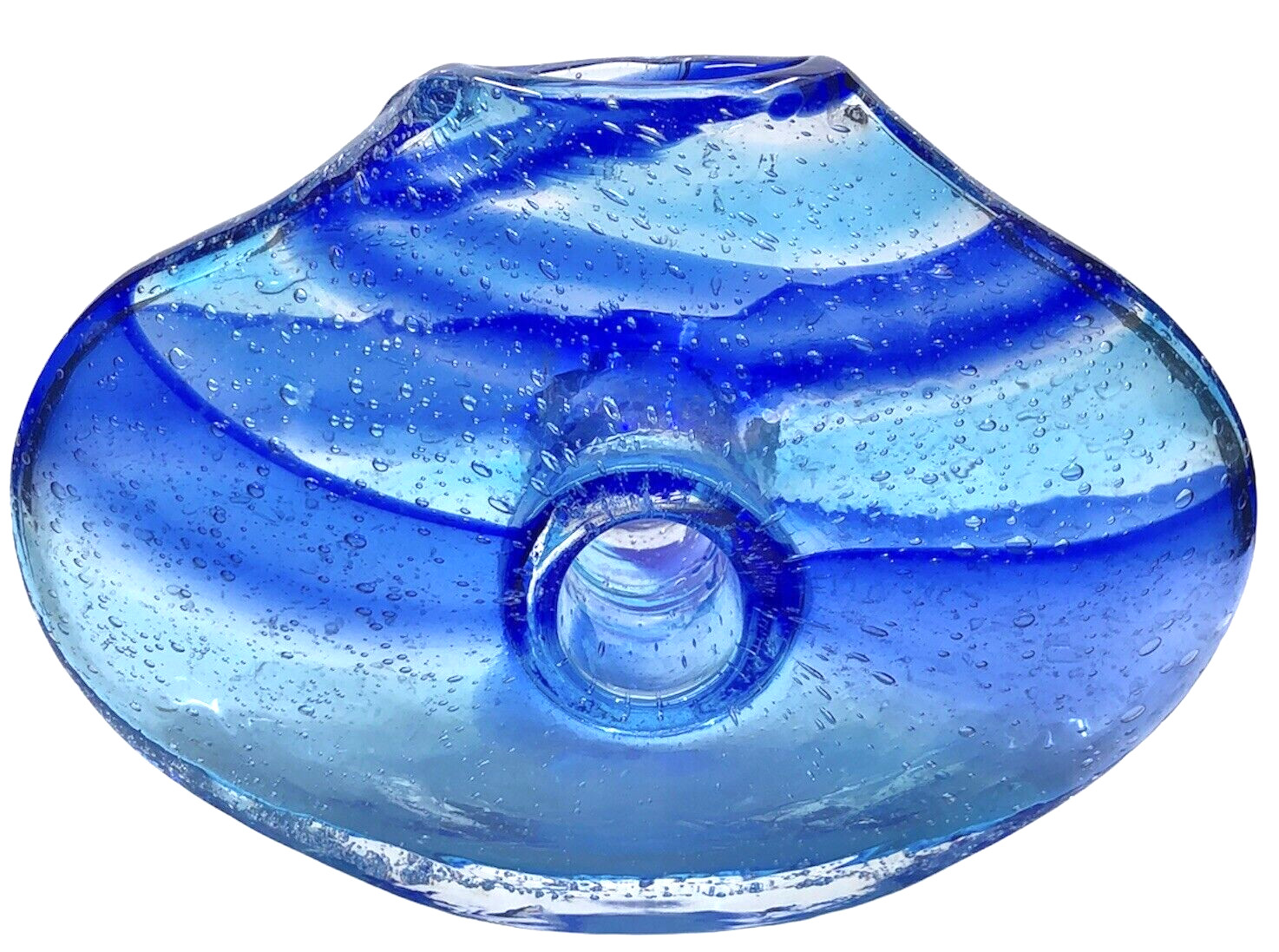 Cobalt Blue Swirl Art Glass Vase Hand Blown Center Opening 7” Wide x 5″ Tall
