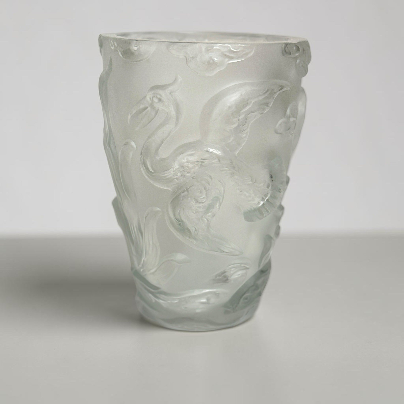 Vintage Frosted Art Glass Vase Heron Fish Pond Relief Heavy 8.5” Lalique Style