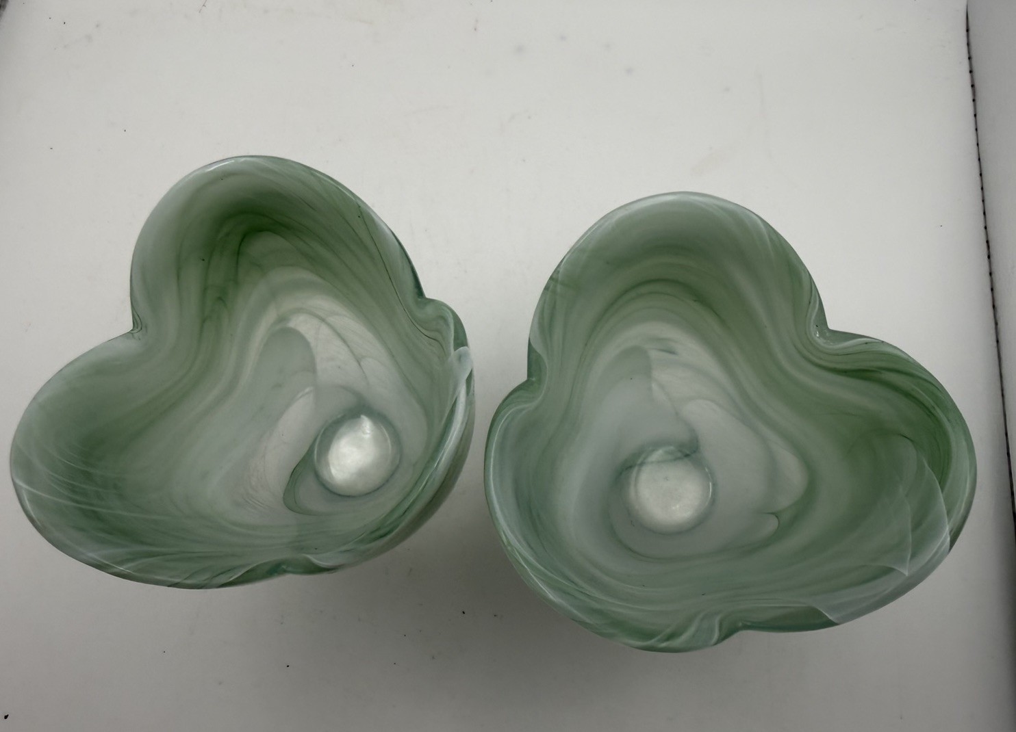 Pair Green Slag Glass Votive Candle Holders Swirl Art Glass ~4”