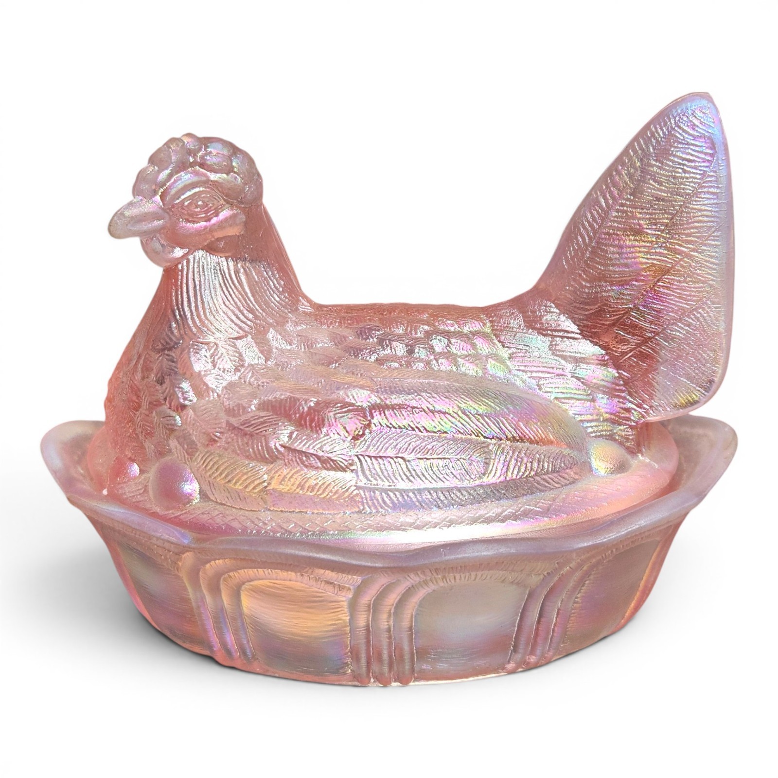 Fenton Hen On Nest in Pink Iridescent Carnival Glass