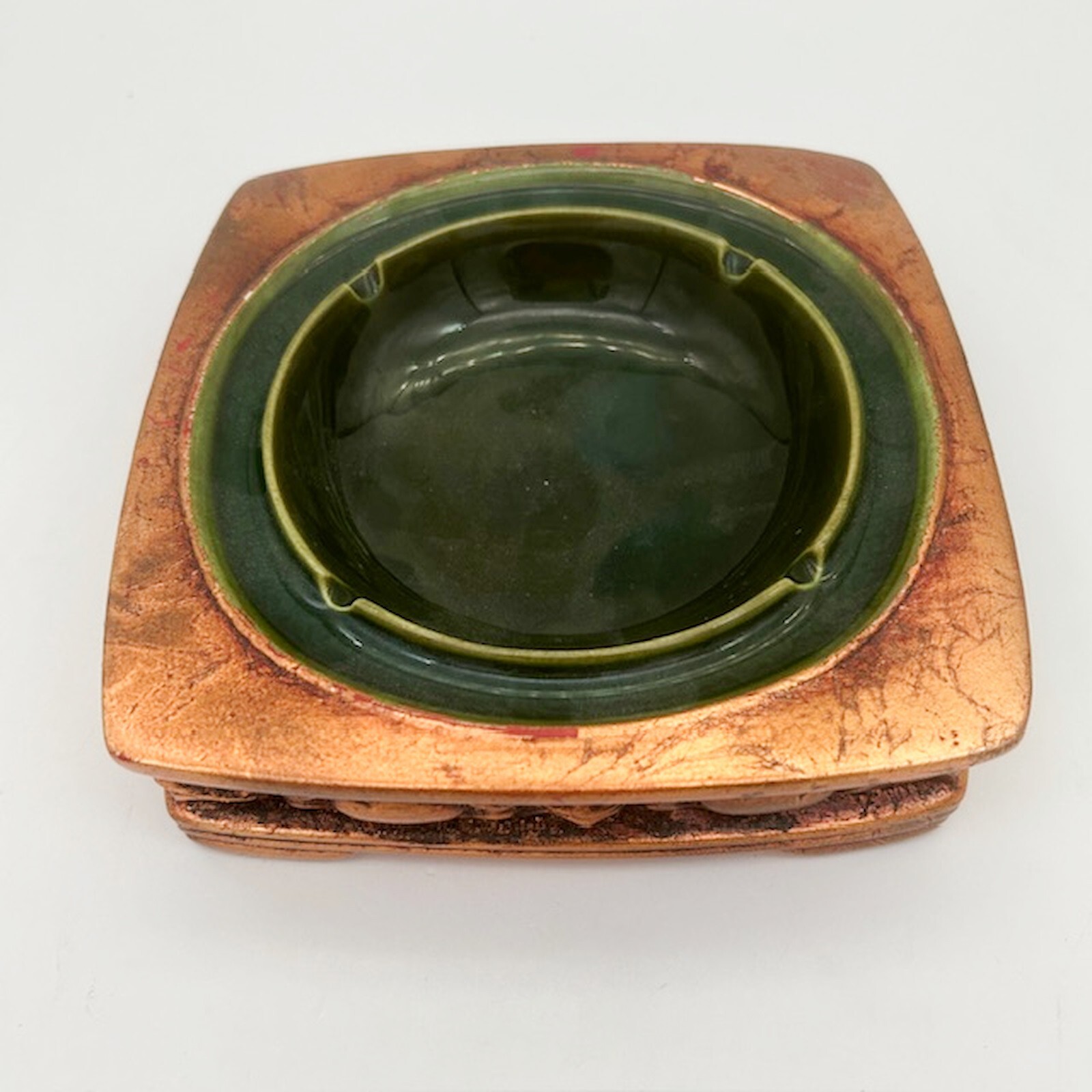 Freeman McFarlin Pottery Gold Leaf and Green Ceramic Ashtray 6.5 In with 4 Slots