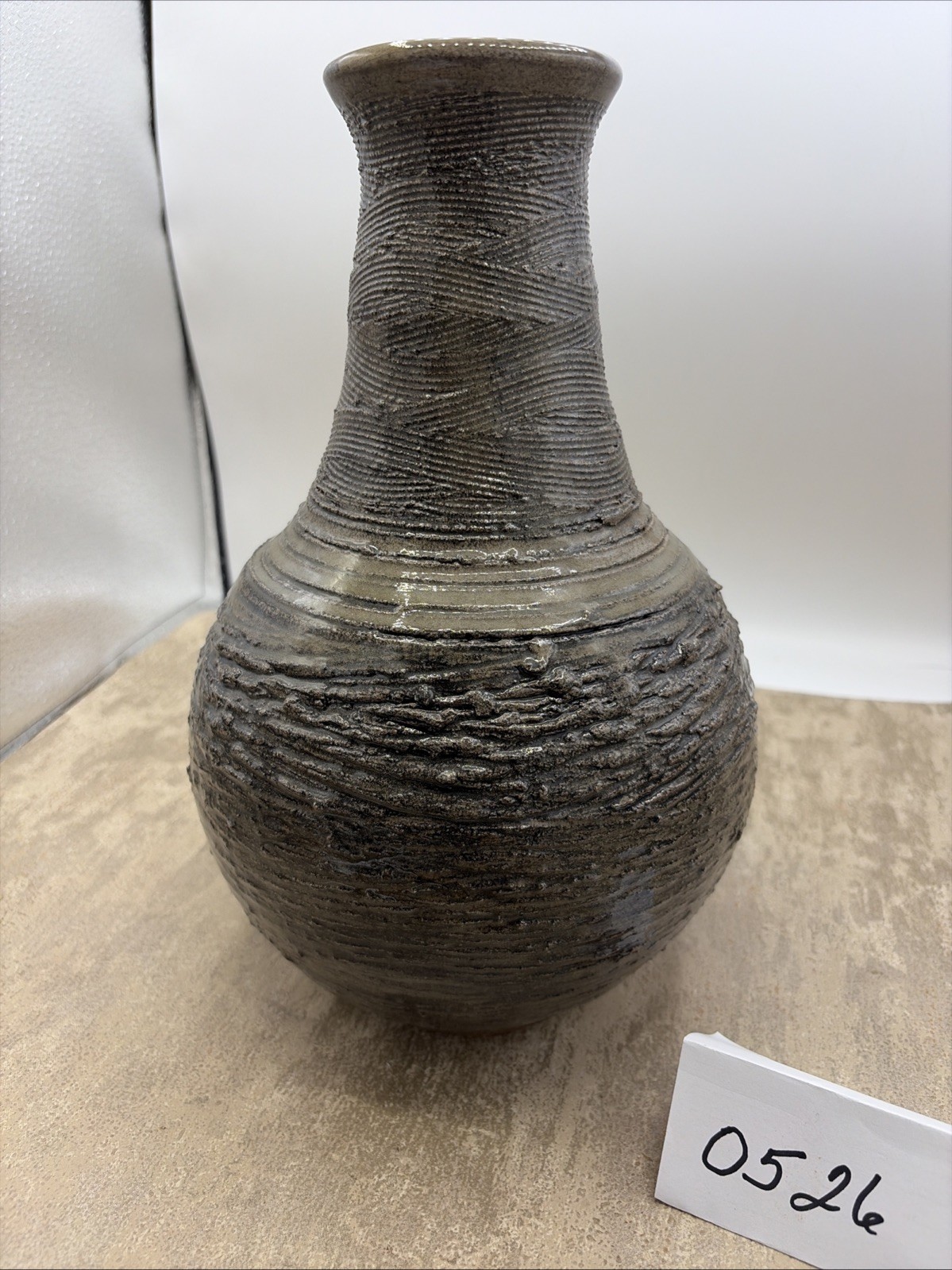 Handcrafted Studio Pottery case W/Metallic Grey Glaze & Textured Ribbed Signed