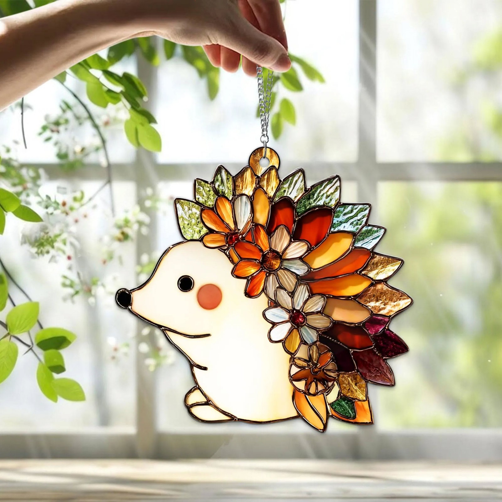 Hedgehog Acrylic Window Hanging Cute Animal Suncatcher Floral Fall Decor Gift