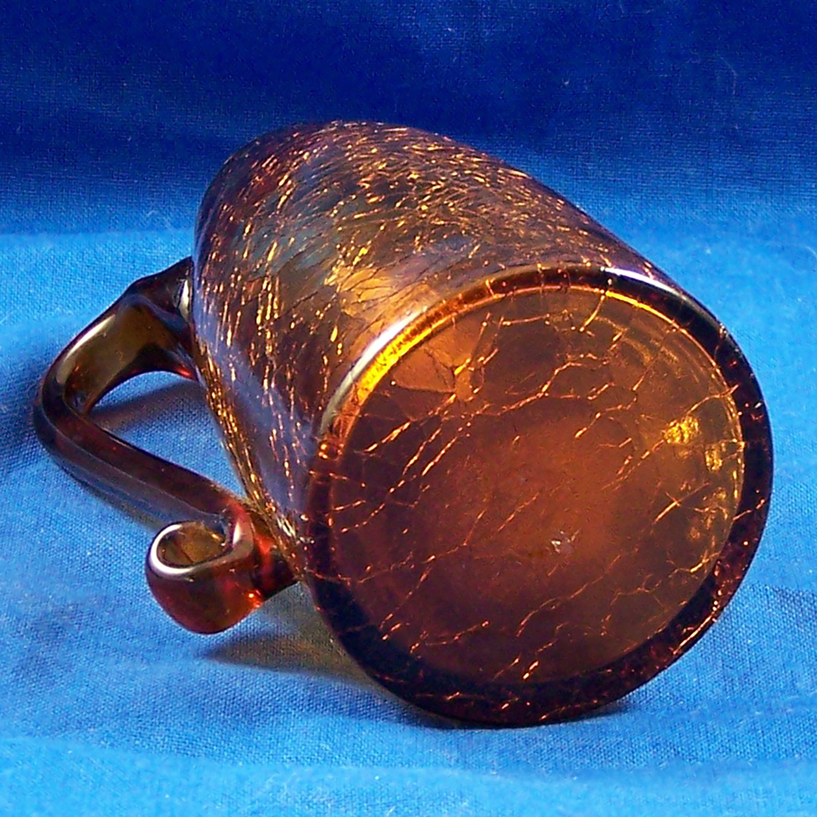 Vintage Small Blown Brown Crackle Glass Bud Vase Jug With Handle 4″ Inches Tall