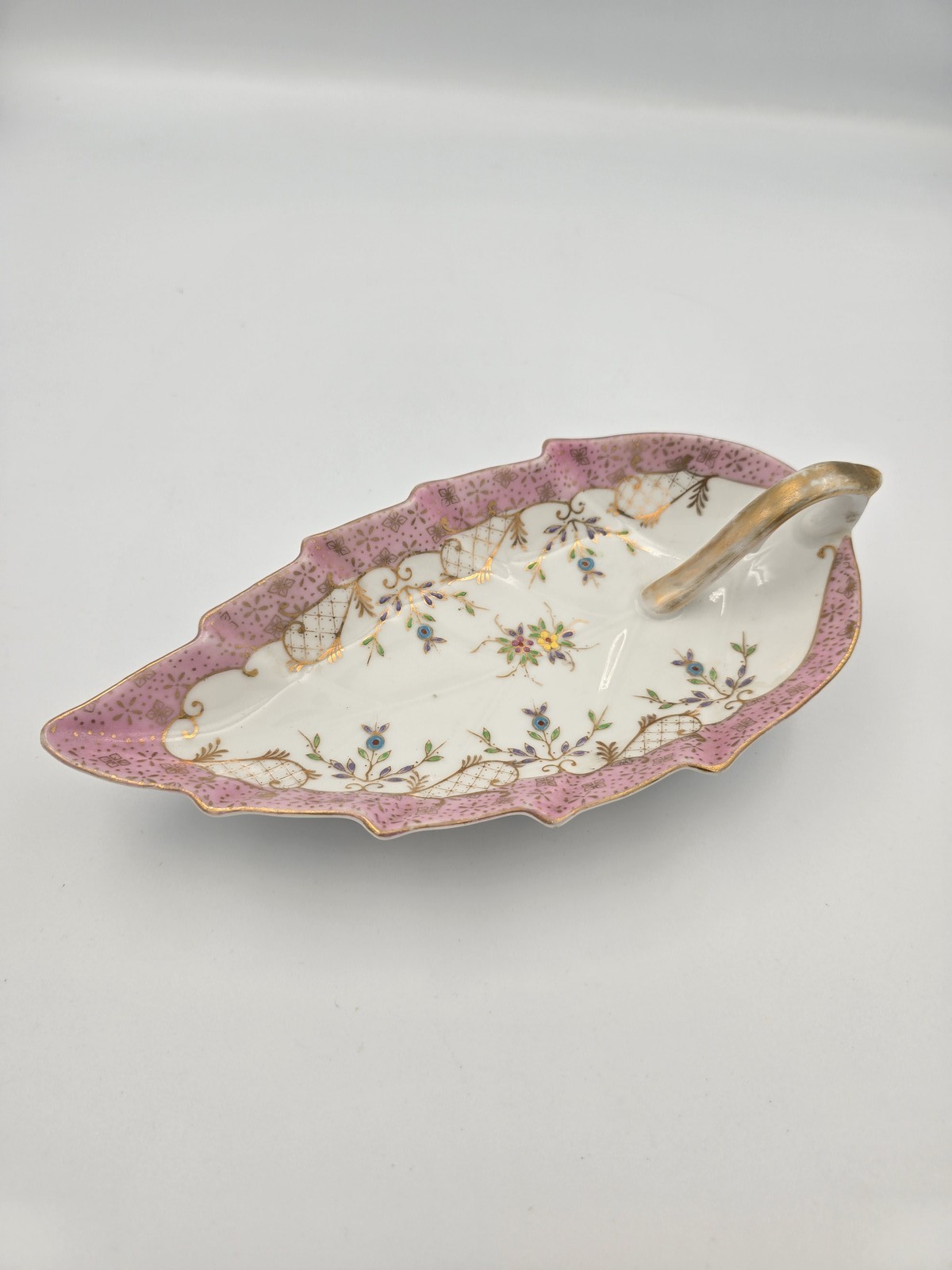 Vintage Leaf Dish Trinket Jewelry Box Pink Gold Floral Porcelain Candy Nut Tray