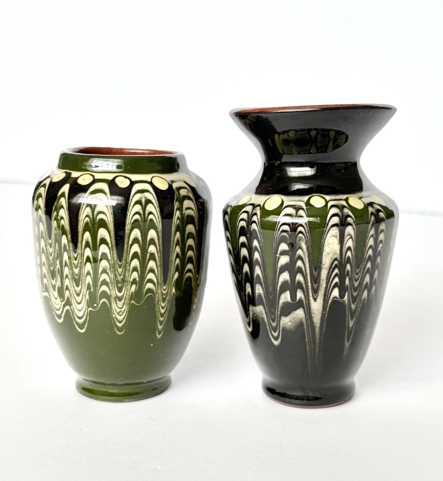 Pair Pottery Troyan Traditional Bulgarian Redware Vases Hand Decorated
