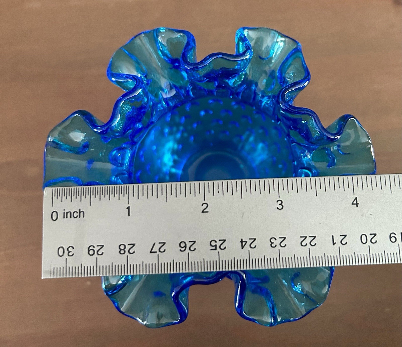 Fenton Colonial Blue Hobnail Glass Vase Double Crimped Rim Vintage 4″