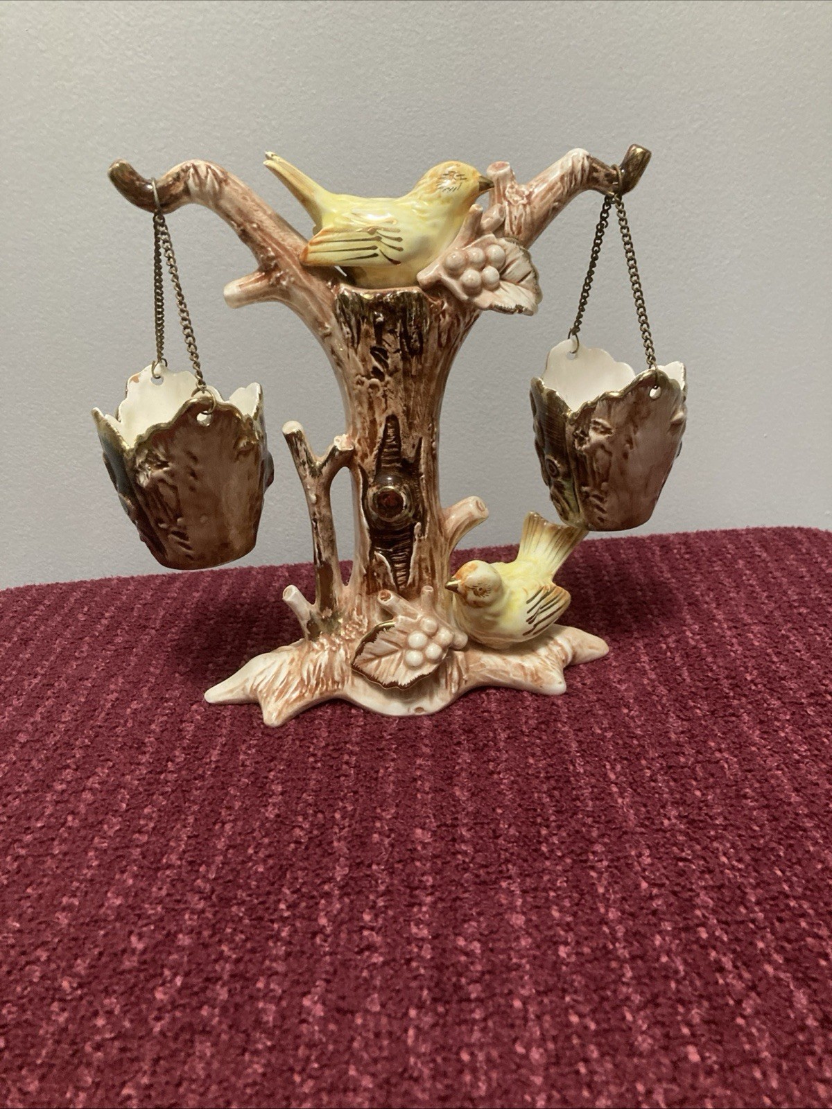 Vintage Ucagco Figurine Canary Birds on a Tree w/Basket Nest Japan (See Pics)