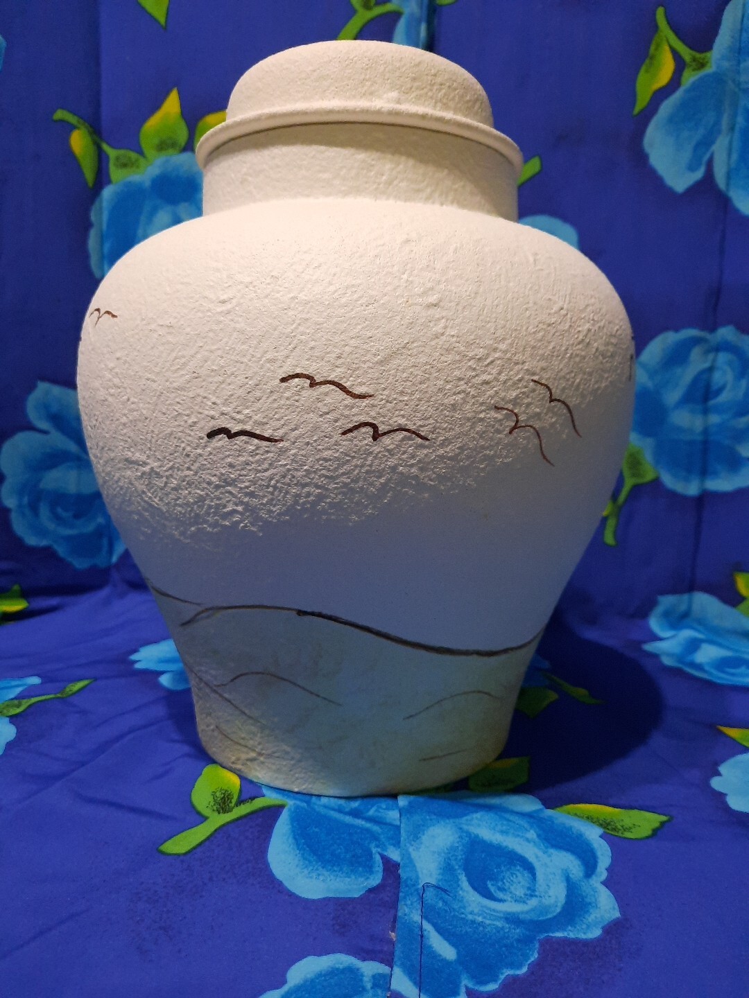Vtg 80s Lg Etched Painted Textured Pottery Vase Urn Ginger Jar Signed Sue Thomas