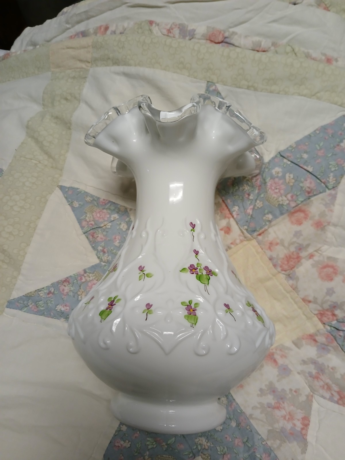 Vintage Violets in the Snow on Spanish Lace Silver Crest 8 inch Vase