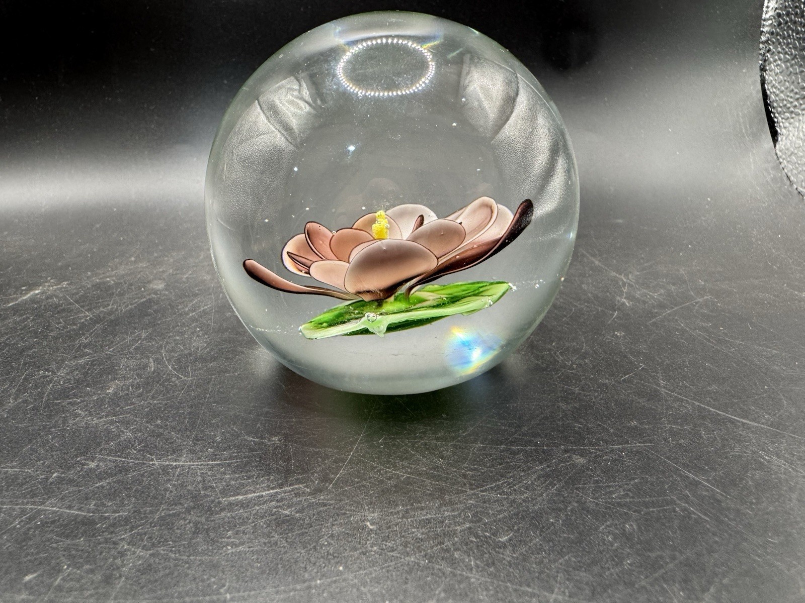 Murano Art Glass Paperweight Pink Flower Lampwork With Controlled Bubble Design