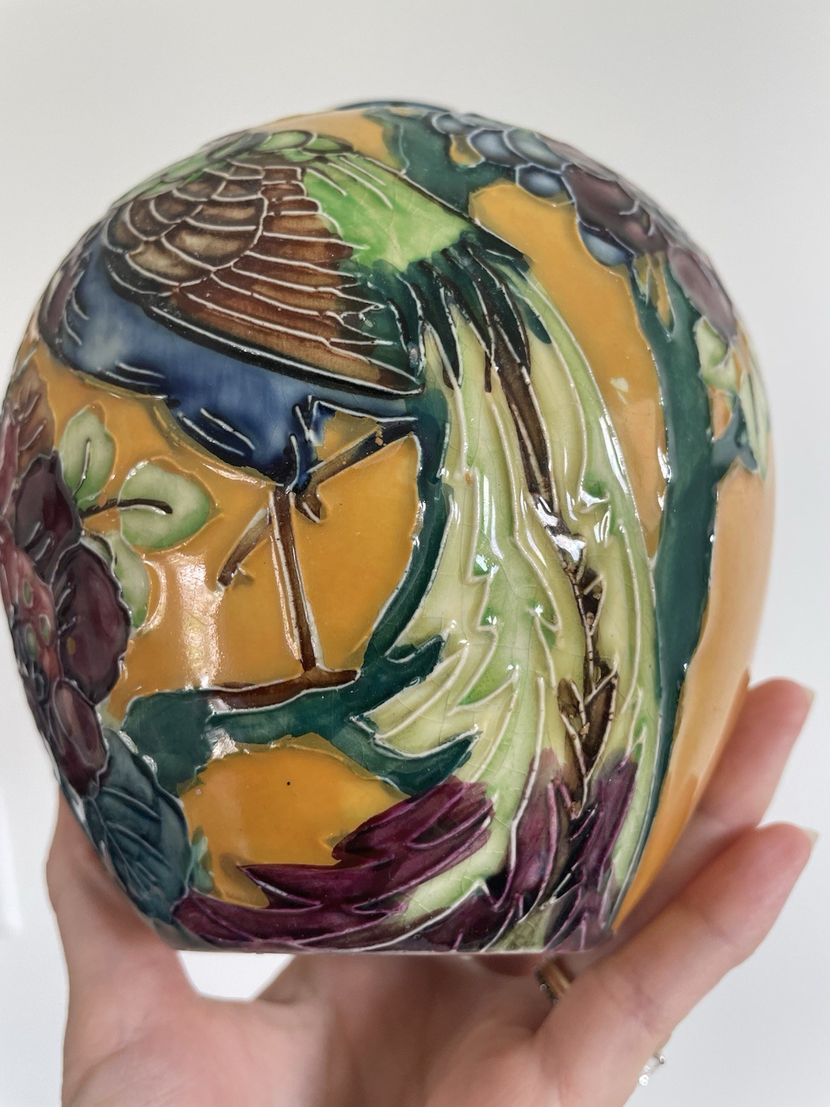 Roger Dean Trogon Vase England Antique Art Deco Bird Of Paradise Signed *chip*