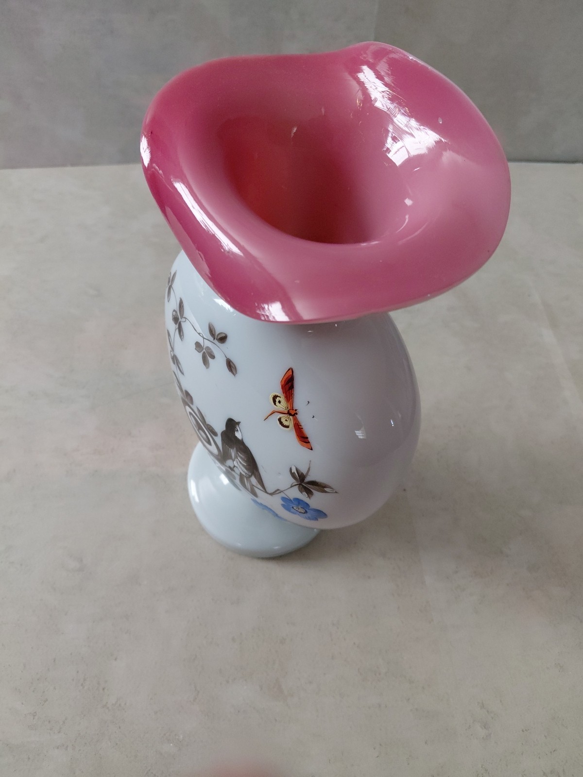 Handblown Vase White Opaline Glass Hand-Painted Nest Bird Butterfly Flowers 19