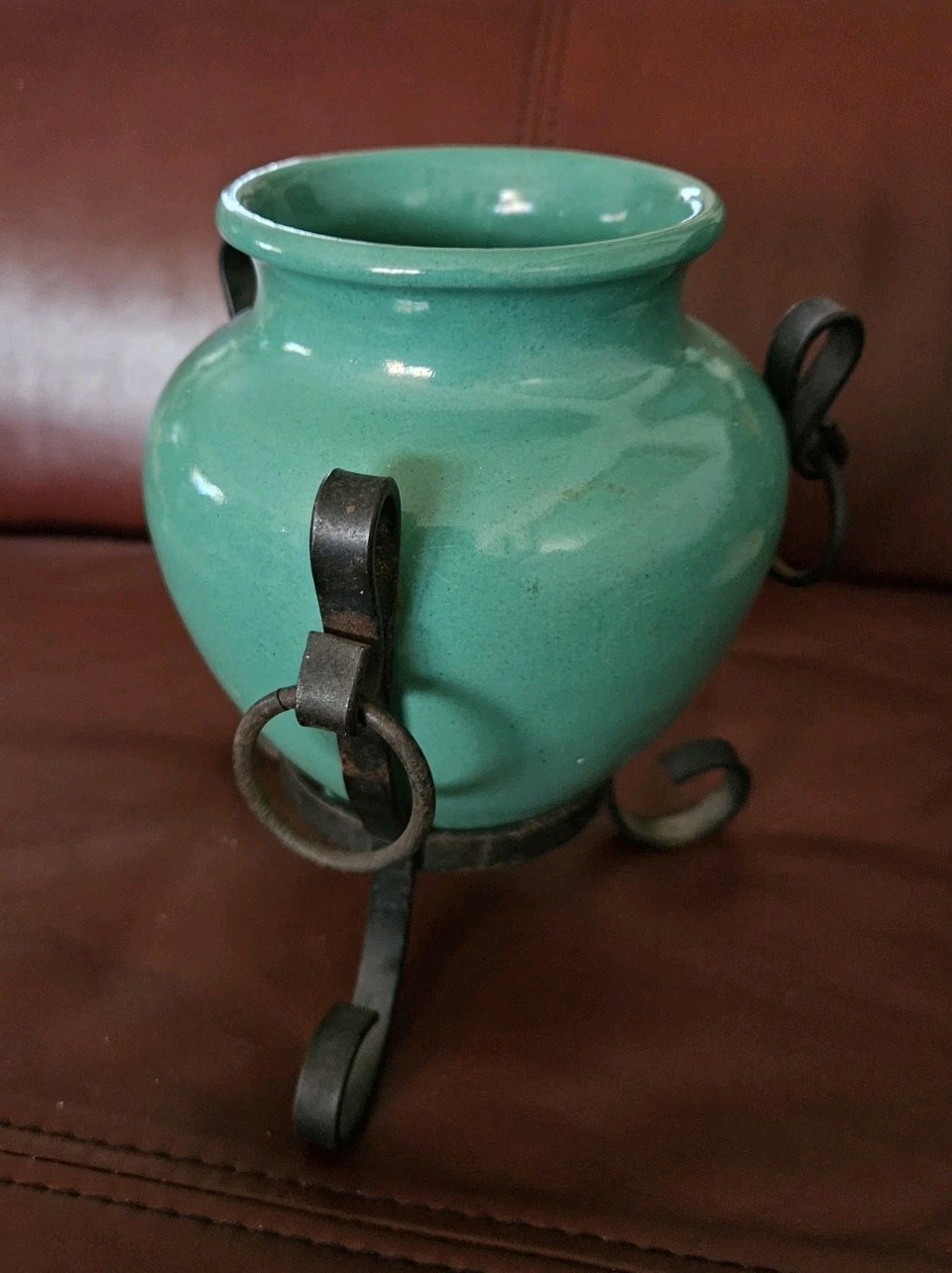 Vanro Italy Blue Green Glazed Pottery Vase Vessel in Iron Stand #3136