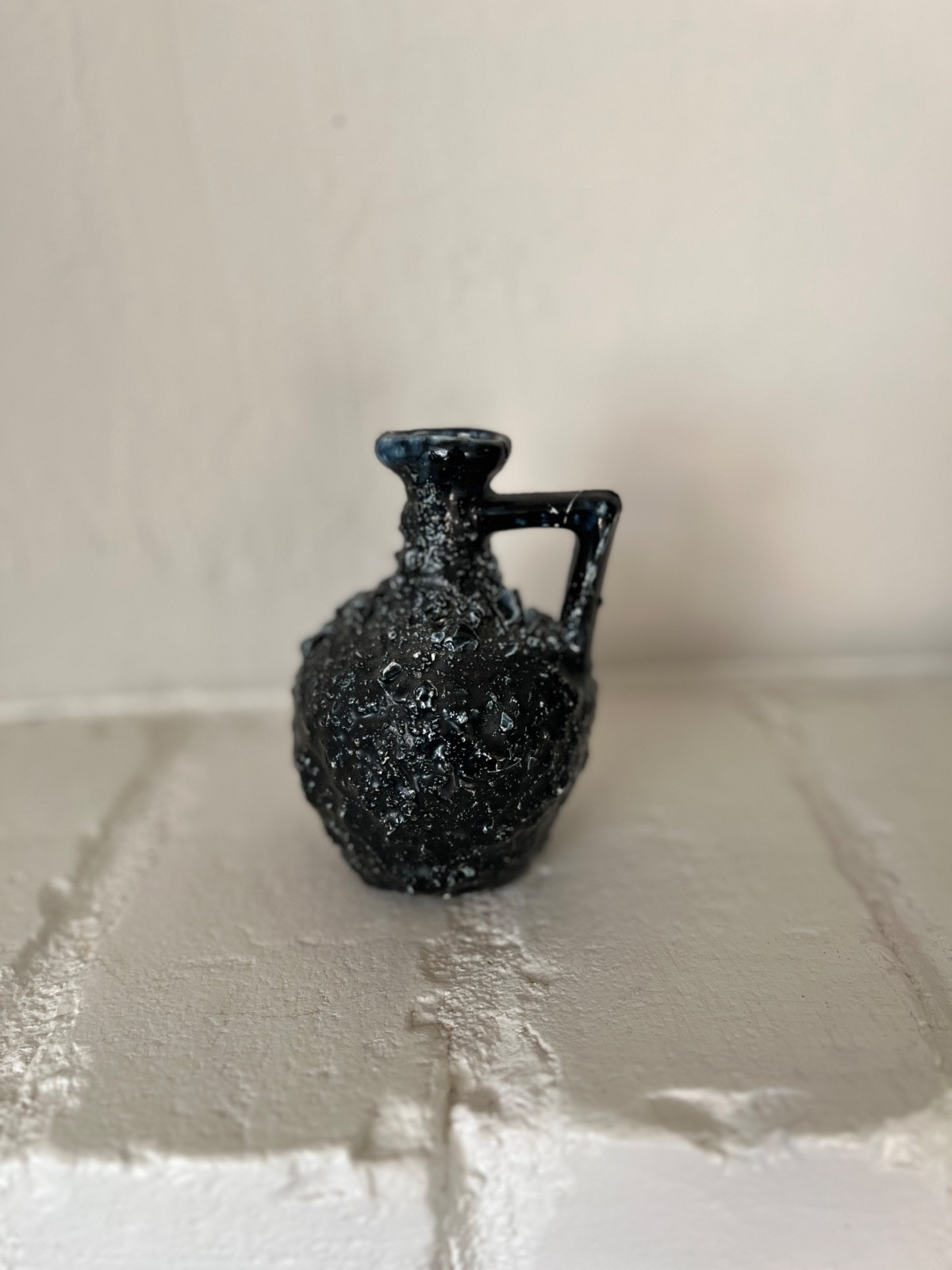 Black Fat Lava Glazed Handled Jug Vase West German Style c1960s-70s Small