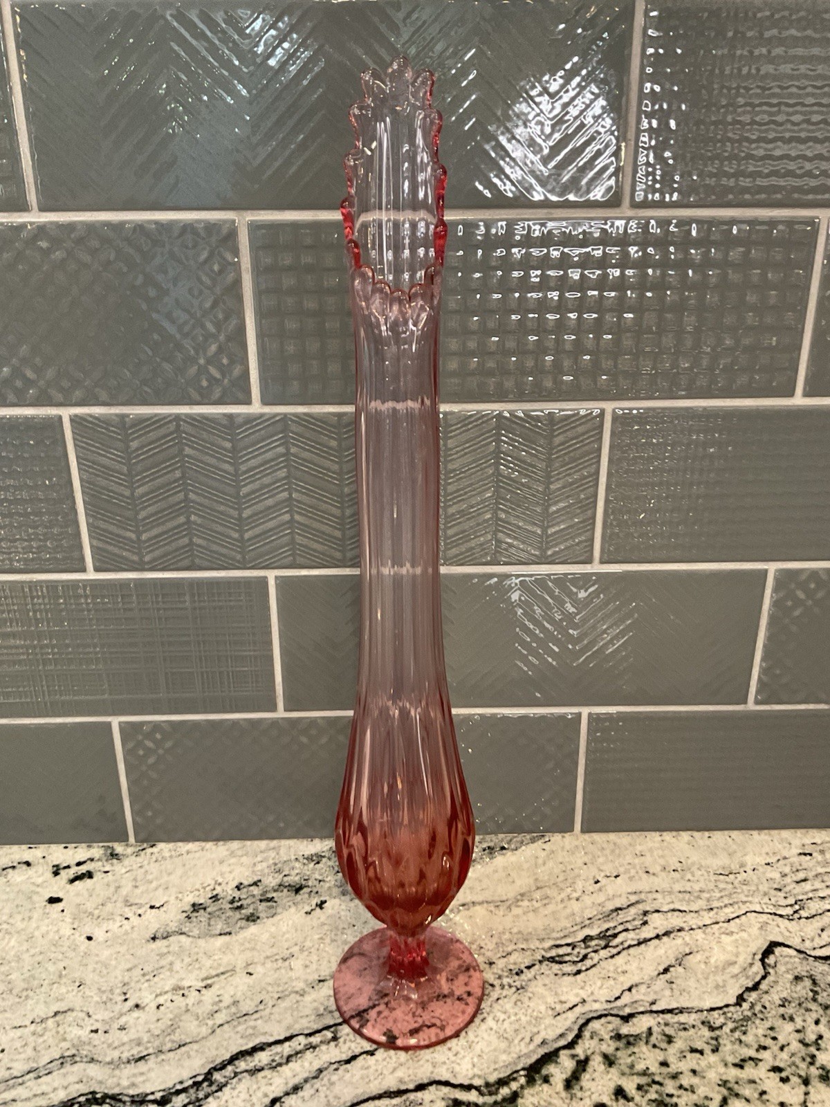 Fenton MCM Colonial Pink Swung Vase Thumbprint 18 Inch Tall