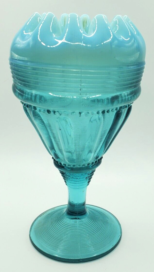 Northwood Opalescent Blue Glass Fluted Bars & Beads Footed Vase