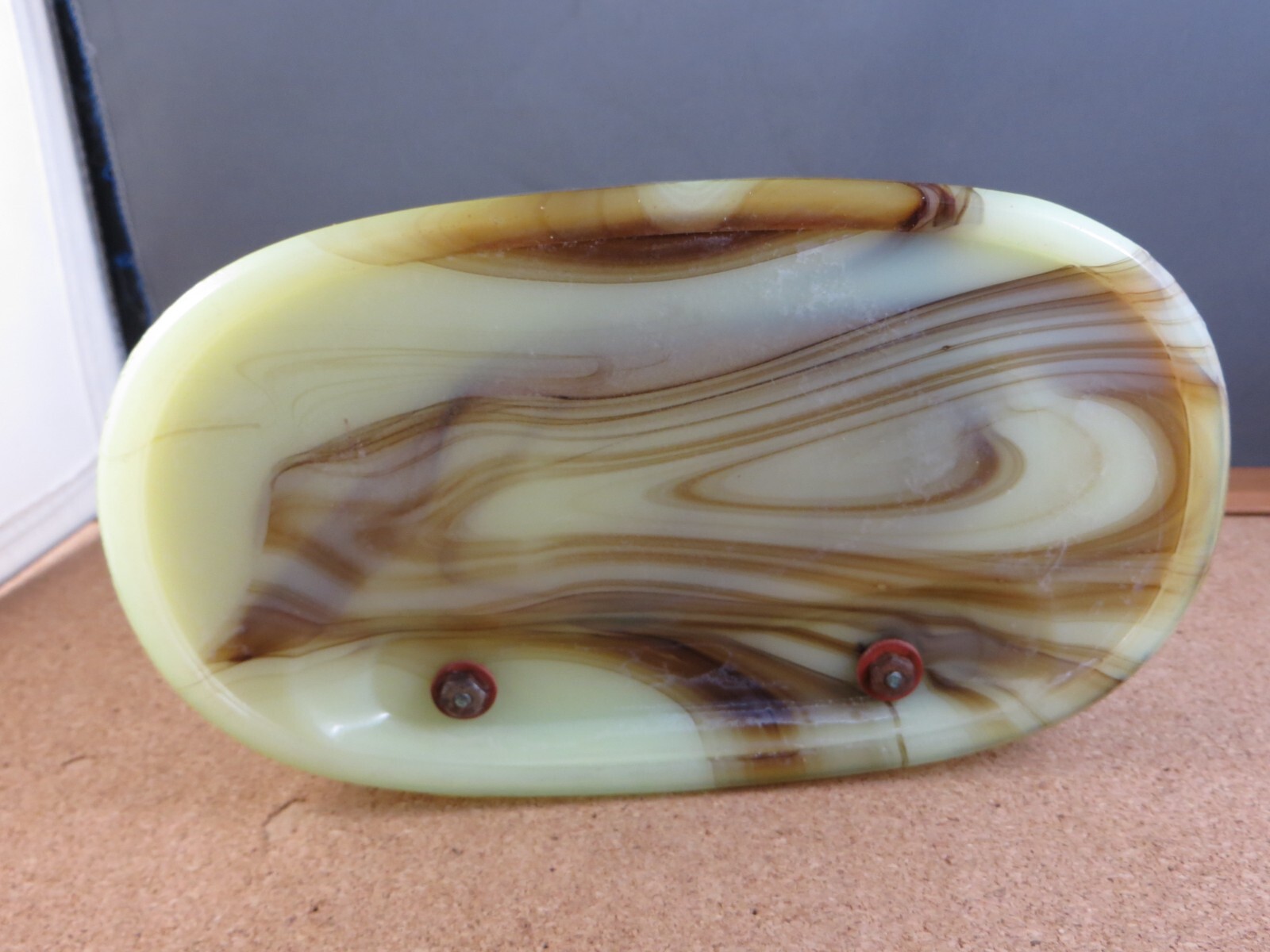Antique Art Deco Gold Enamel Metal Lion Figurine Swirl Stripe Slag Glass Ashtray