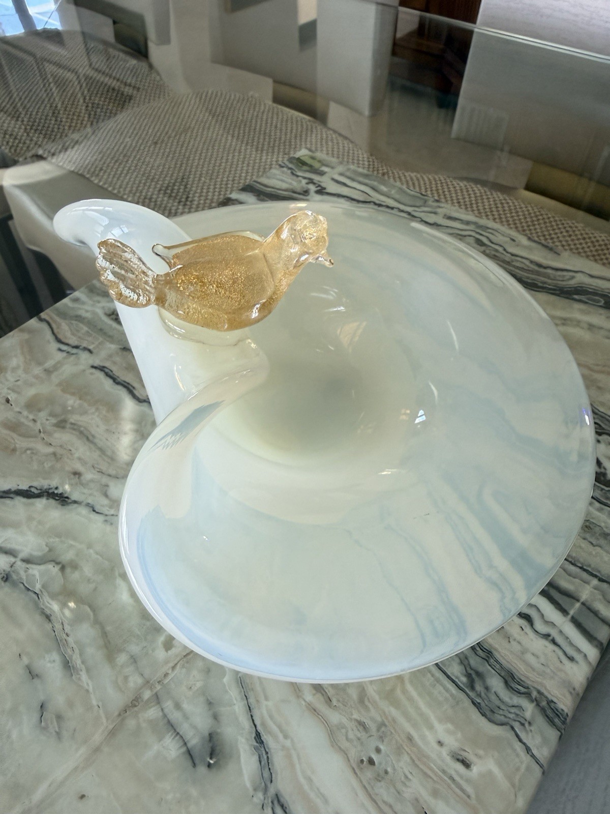 Mid 20th Century Murano Attributed Opalescent Glass Bowl Perchin Gold Fleck Bird