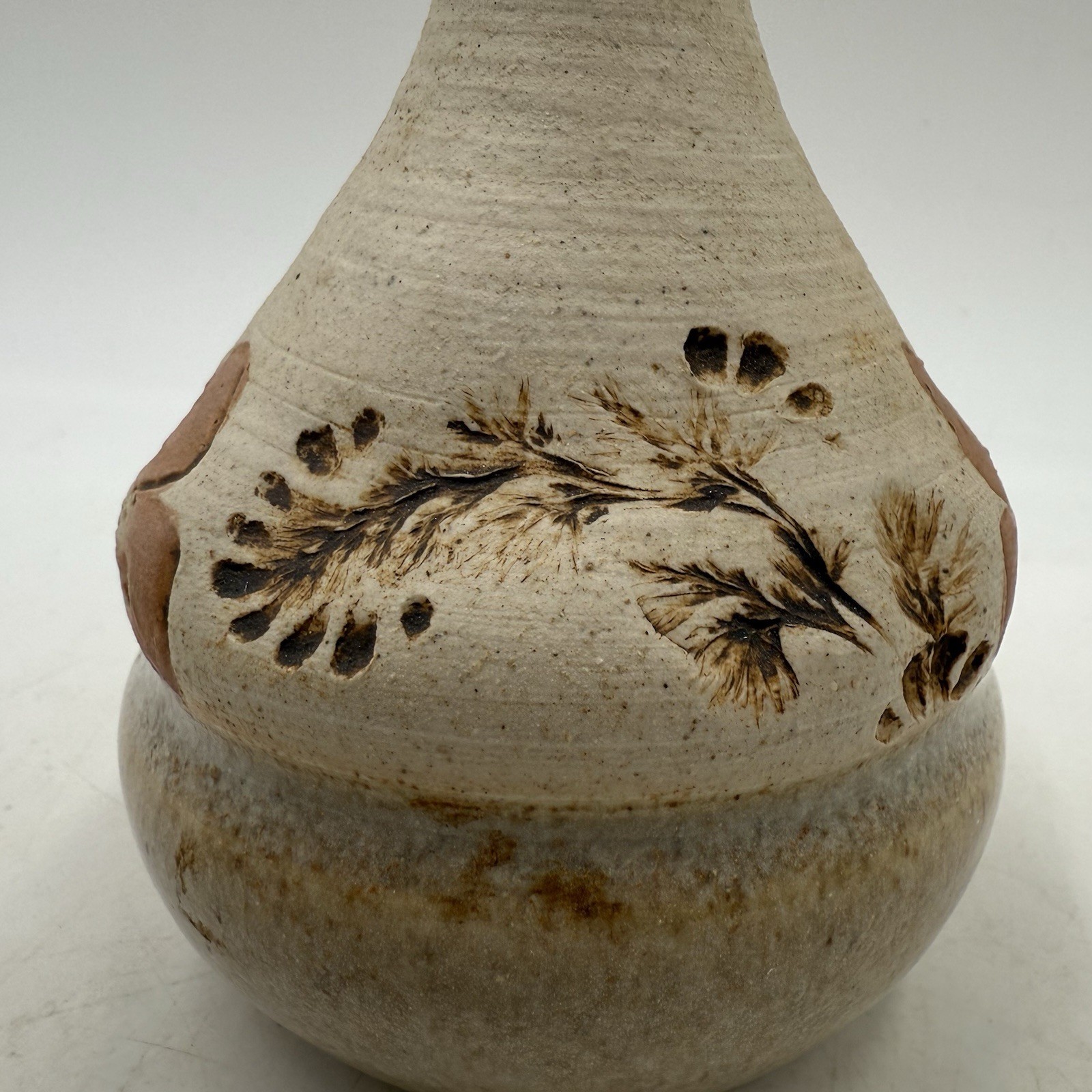 Studio Art Pottery Stoneware Bud Vase, Leaf Impressions, Artist Signed 4” Tall