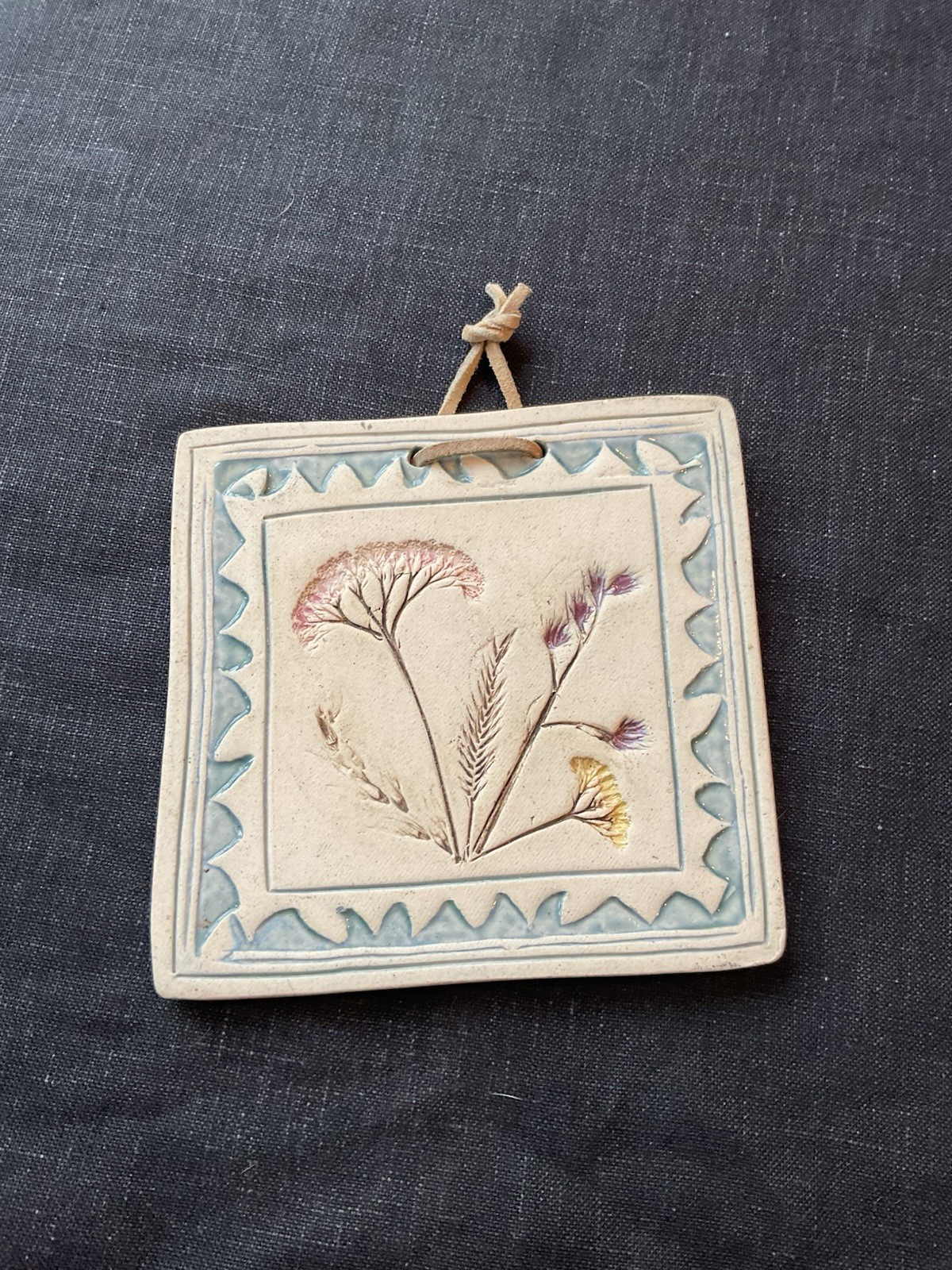 Vintage Ceramic Tile Wall Hanging Wild Flowers Signed 1997