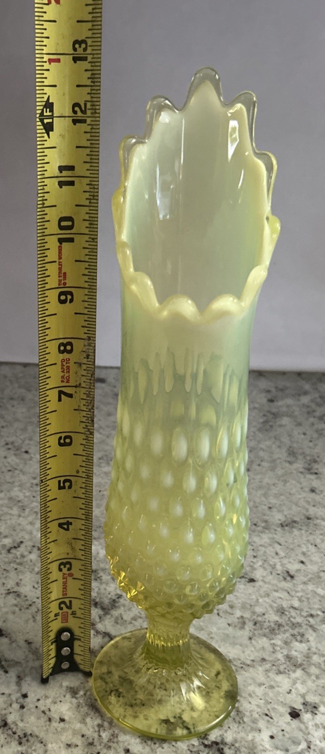 Beautiful Fenton Art Glass Uranium Green Opalescent Hobnail Swung Vase 13”-H