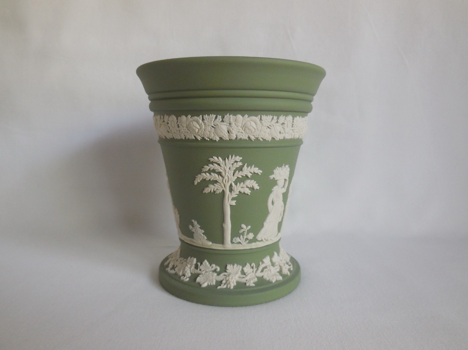 Vintage Wedgwood Sage Green Jasperware Heavy Vase With Flower Frog