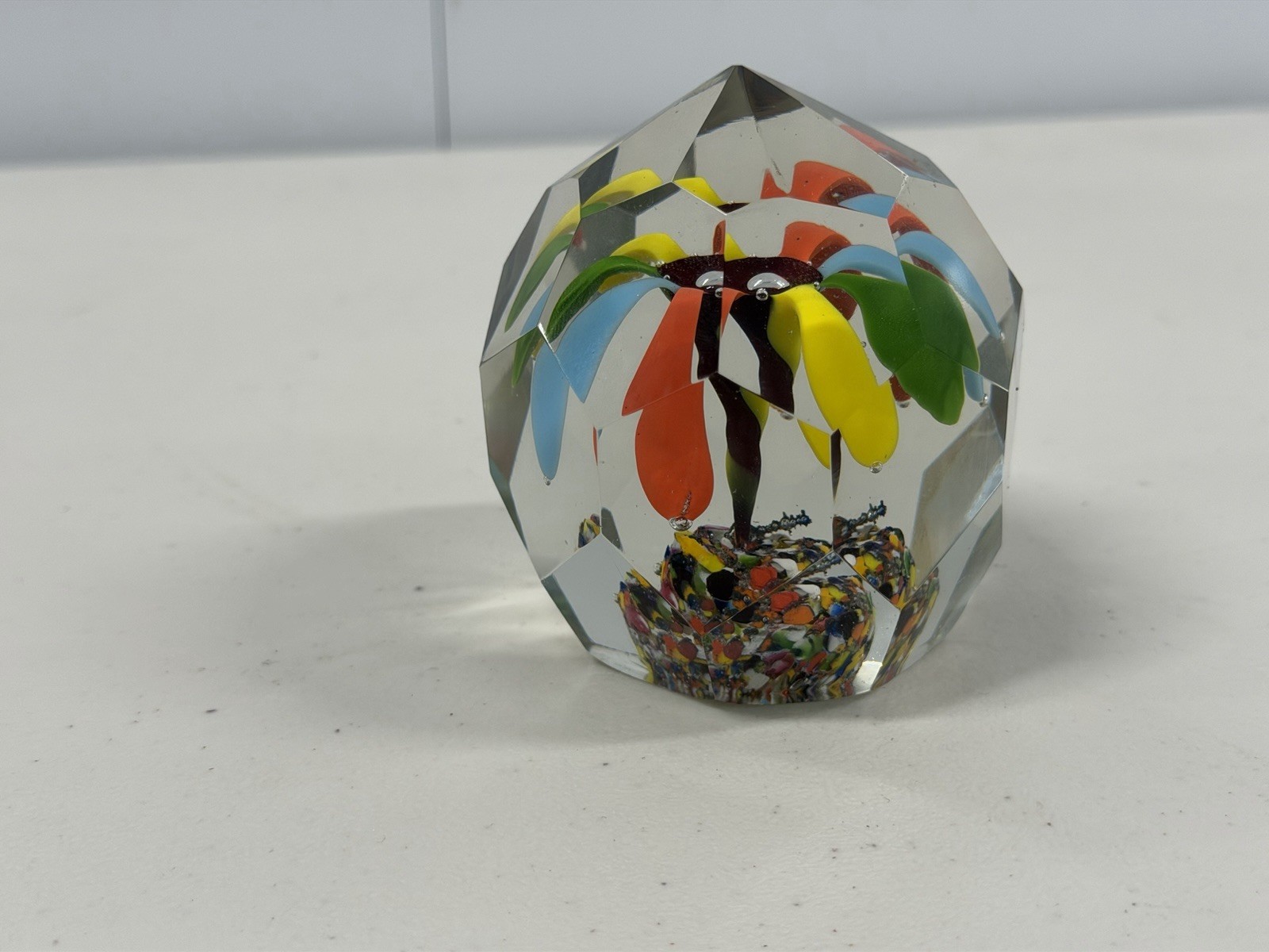 Vintage Bohemian Czech Multi Faceted Glass Flower / Tree Paperweight Multi-Color