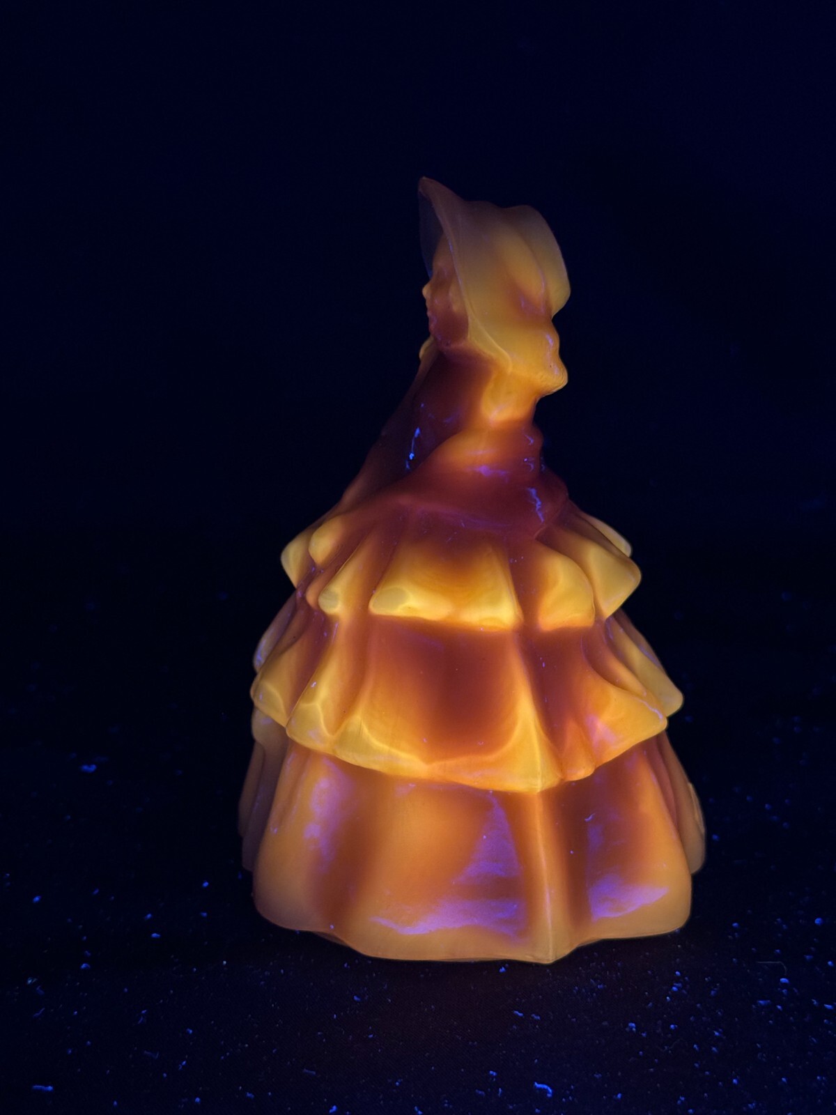 Vintage Boyds Orange Cadmium Glass “Louise” Colonial Lady Figurine This glows