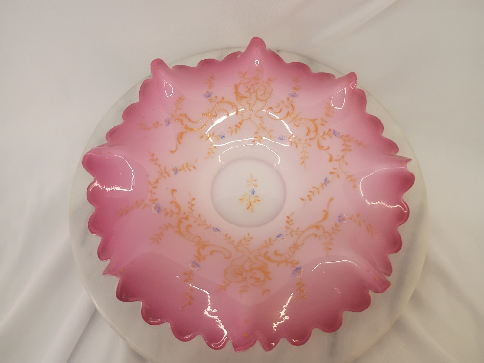 Antique Victorian Pink Peach Blow Cased Art Glass Bride’s Basket Bowl 9 3/4″
