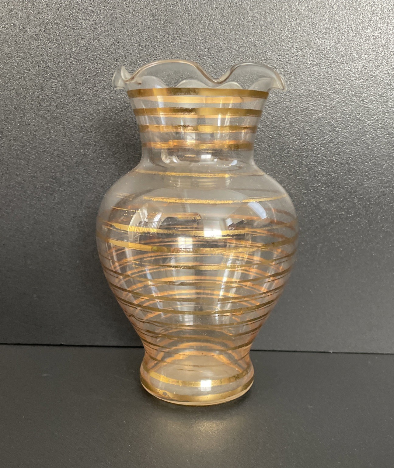Vintage MCM Gold Glass Bud Vase with Banded Rings Pattern Ruffel Rim 6inches