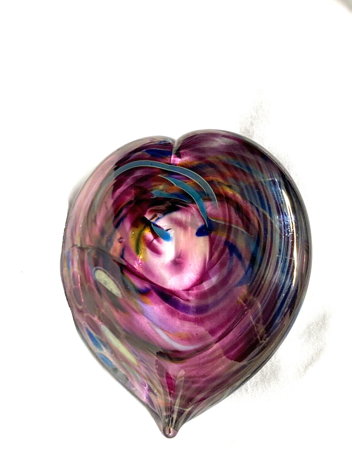 Hand Blown Glass Marbled Pink Purple Blue Heart Paperweight 3″