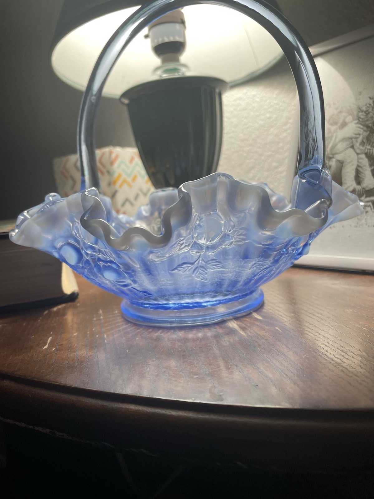 Fenton Light Blue Opalescent Cabbage Rose Ruffled Edge Bride’s Basket