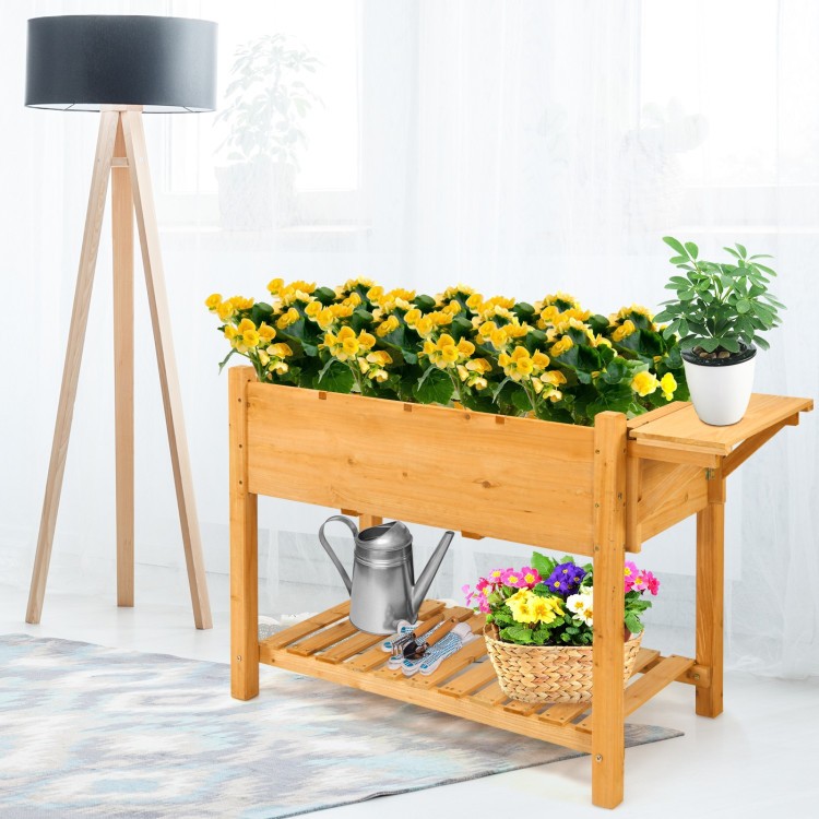 Elevated Fir Wood Garden Bed with 8-Grid Shelf and Tabletop
