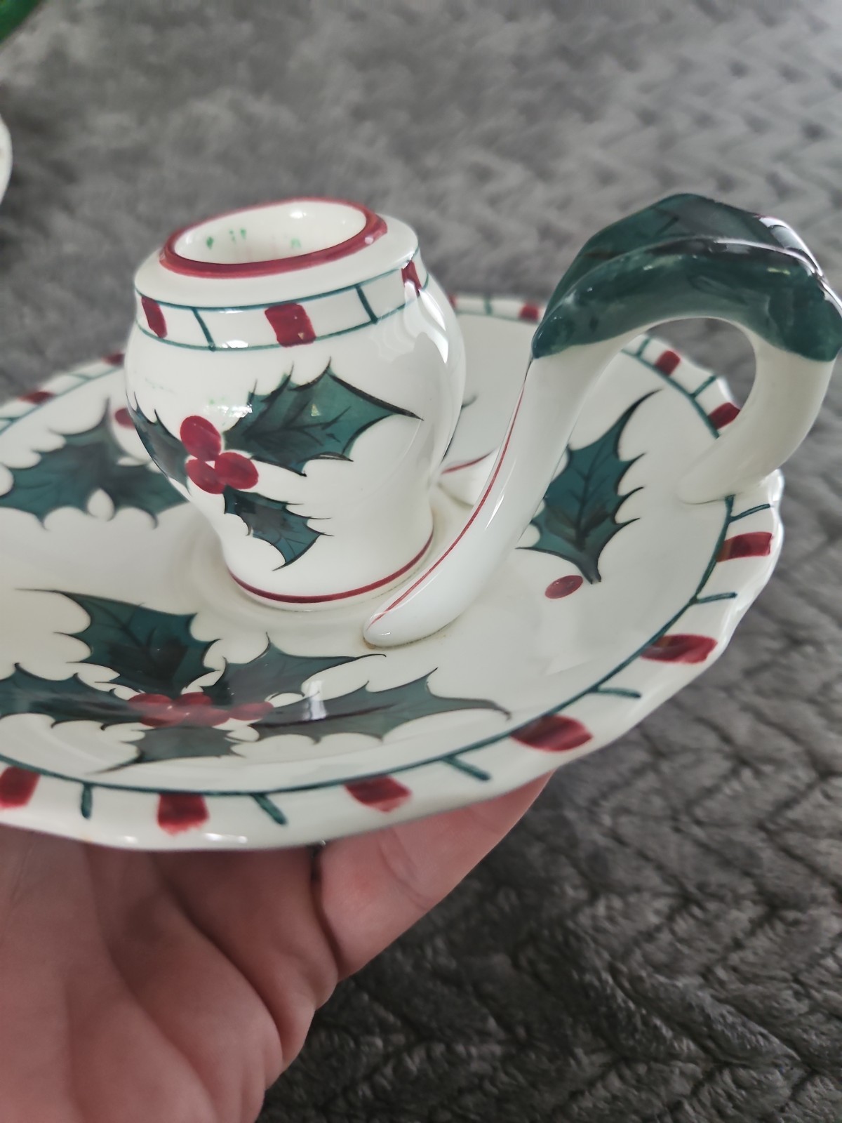 Lefton Japan Candlestick Holder Christmas Holly Candy Cane Rim Taper 033 LOT 3