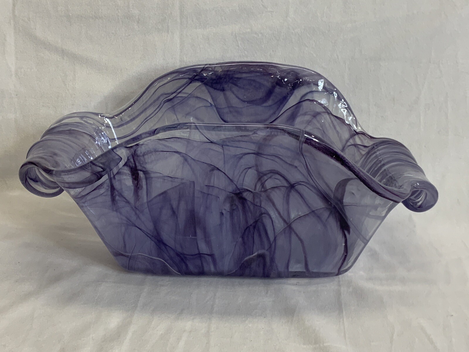 Lilac Purple White Swirl Art Glass Rectangular Basket Centerpiece Bowl