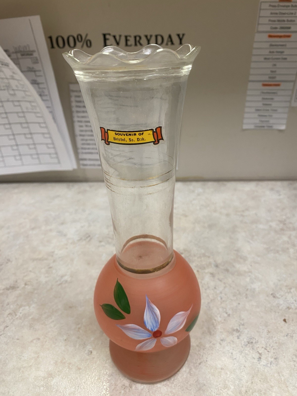 Hand Painted Art Glass Vase, Floral Pattern, Pink Green Red White Clear, Glossy