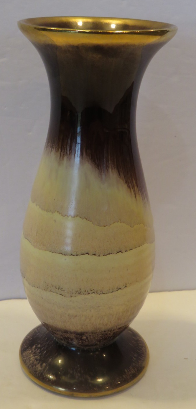 Vtg Drip Art Glaze Pottery Vase Brown Cream Gold Studio Art MCM Marked Foreign 8