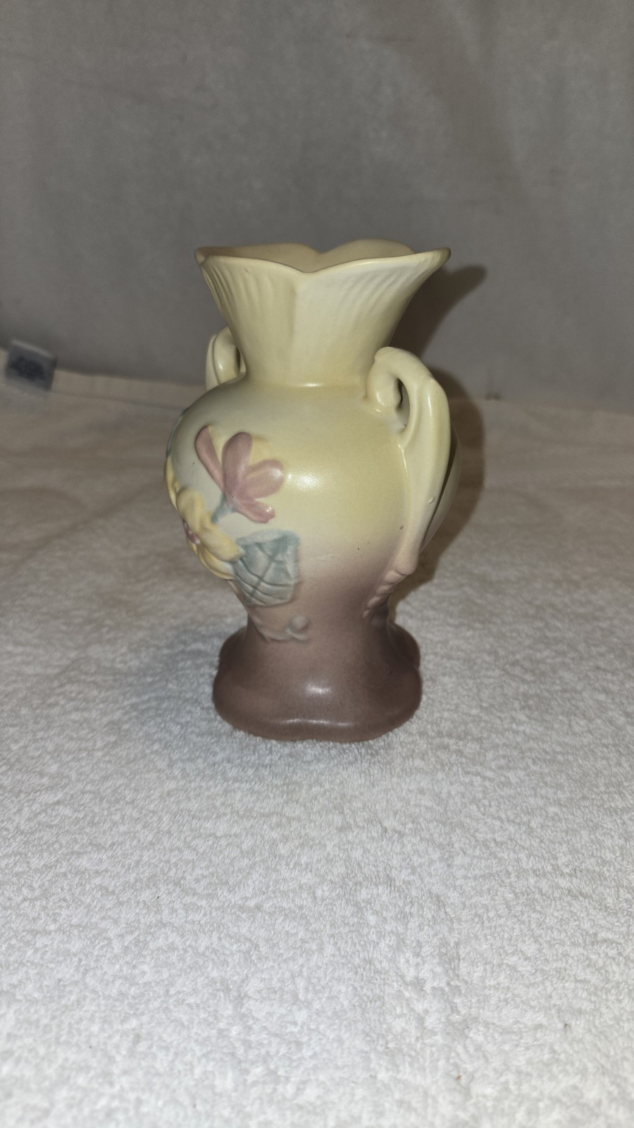 HULL Art Pottery Pink and Yellow Vase Matte Finish Double Handle Vase