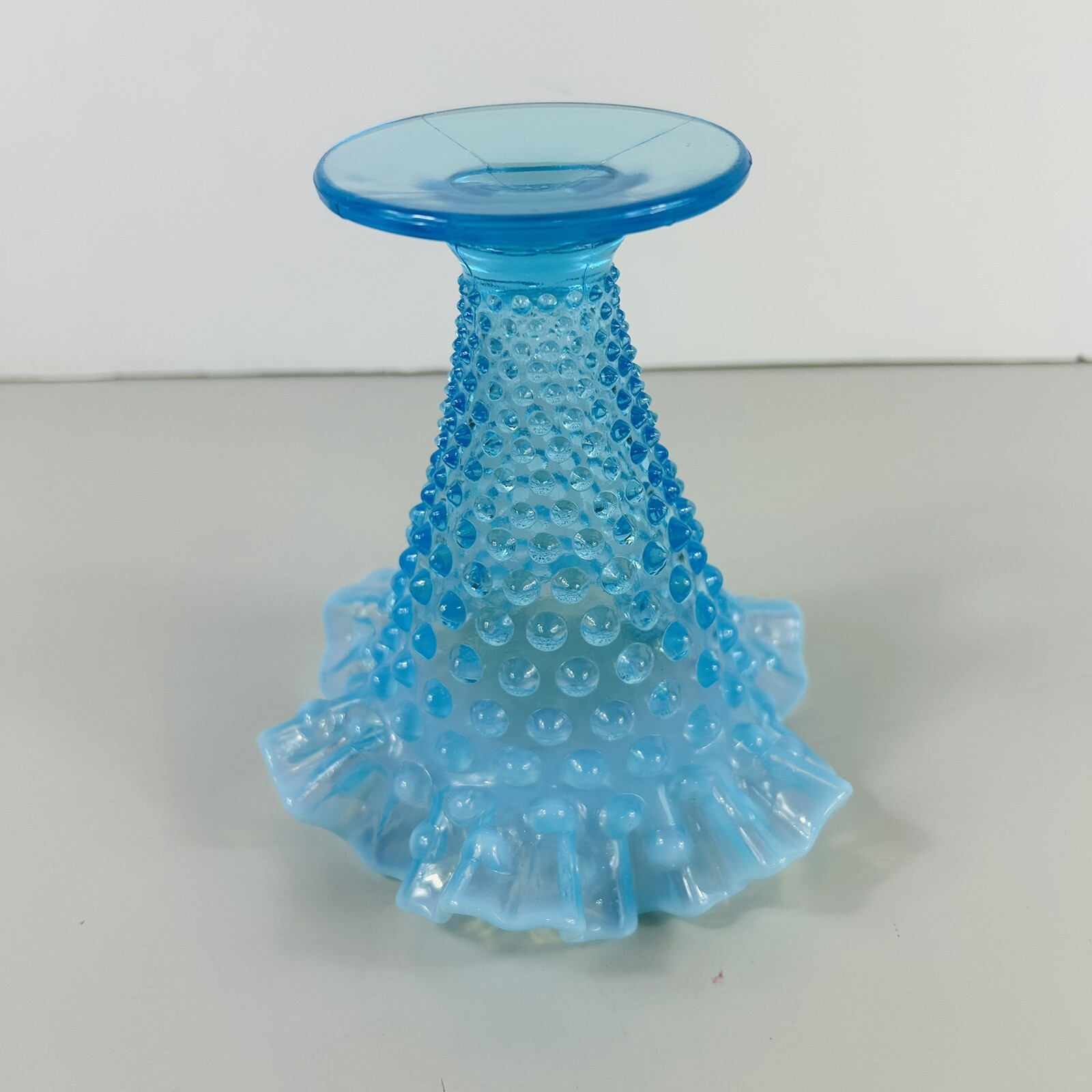 Vintage Opalescent Aqua Blue Glass Hobnail Vase Fluted Ruffled Edge Footed 5.75″