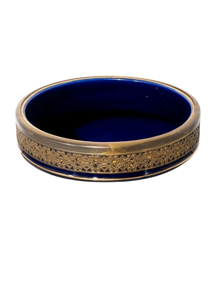 VTG Italy Keramos Porcelain Lidded Urn Cobalt Blue Gold Gilt Bronz H 20″