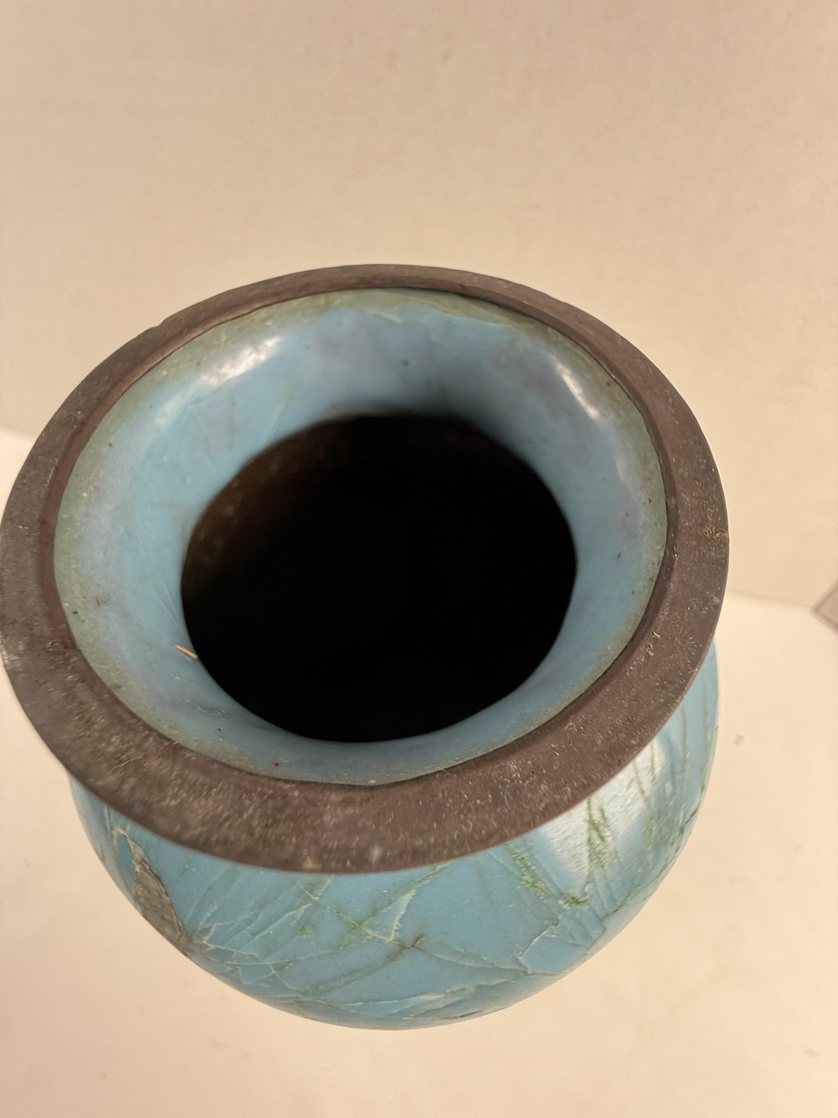 Vintage Chinese Cloisonne Blue Flower Vase Asian Floral Cloisonne 7in Damaged