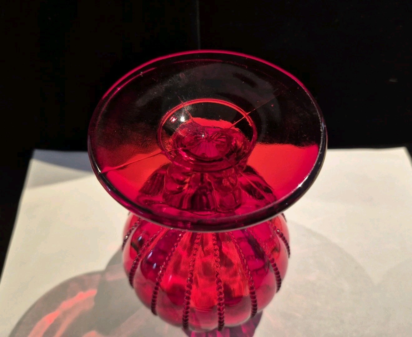 Vintage Wright Glass Ivy Bowl Pedestal Vase Ruby Red Beaded Ribs Panels Glow