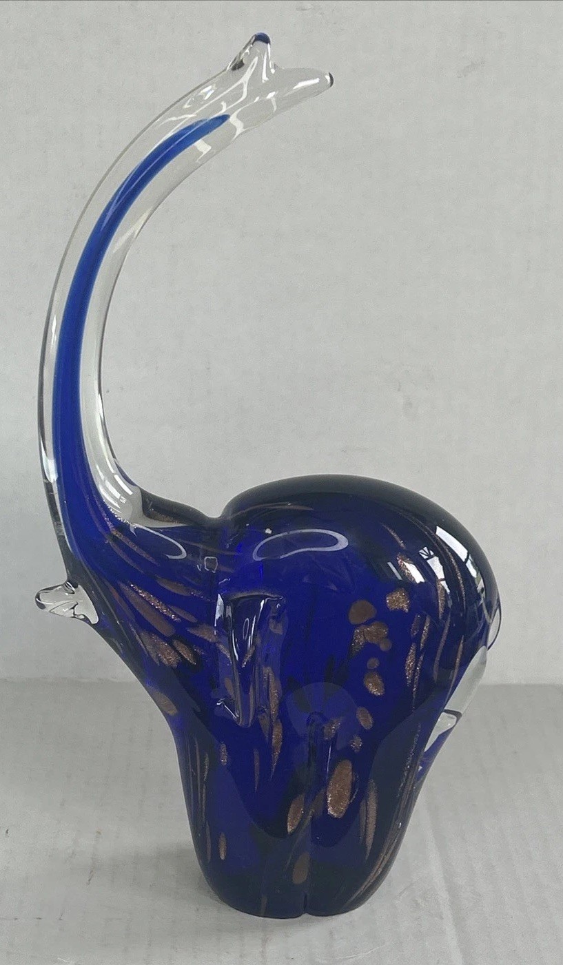 Vintage Murano Style Art Glass Elephant Figurine Cobalt Blue Gold W Ear Chip